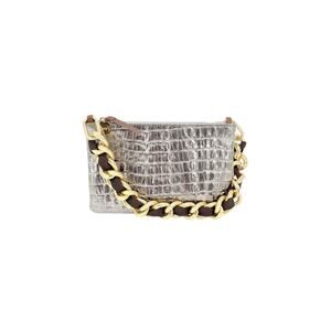 CLARE V. Wallet Clutch with Tabs Metallic Croc Shortie Strap Grosgrain Kalamata